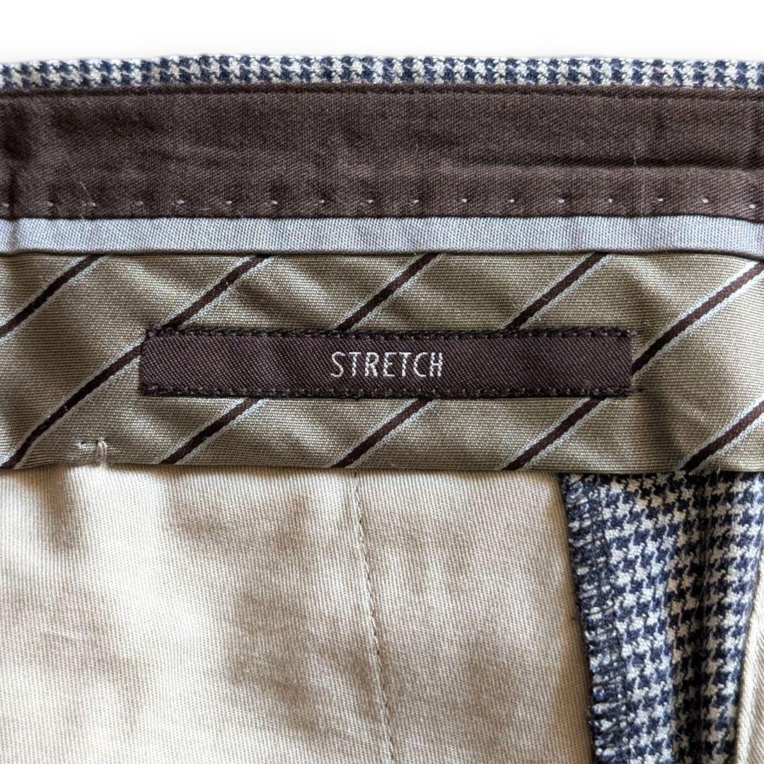 美品 PT01 千鳥格子 ストレッチ 秋冬ウール スラックス 48 ネイビー
