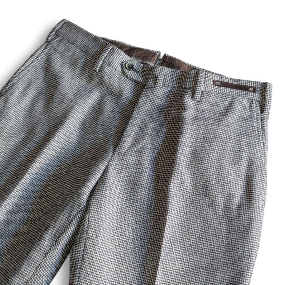 美品 PT01 千鳥格子 ストレッチ 秋冬ウール スラックス 48 ネイビー