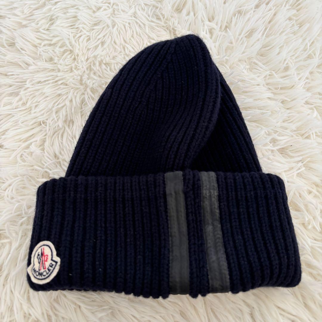 モンクレールMONCLER カシミヤウールニット帽 リブ編みキャップワッペンロゴ