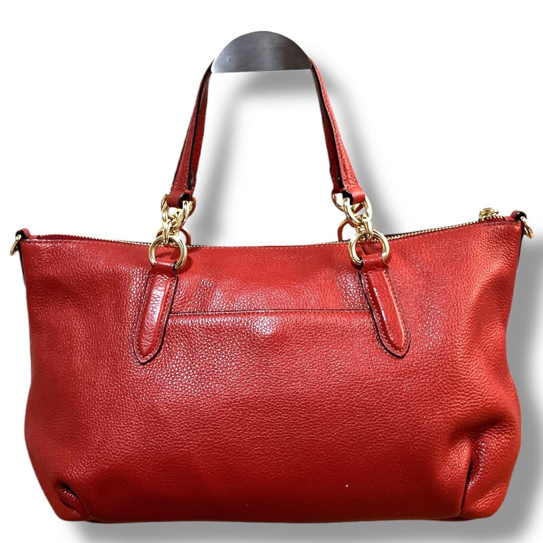 コーチ 良品 2way 斜め掛け可 馬車金具 シボレザー ハンドバッグ レッド系