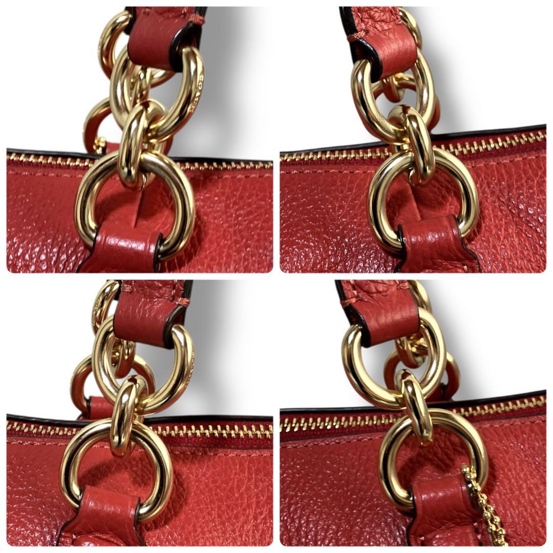 コーチ 良品 2way 斜め掛け可 馬車金具 シボレザー ハンドバッグ レッド系