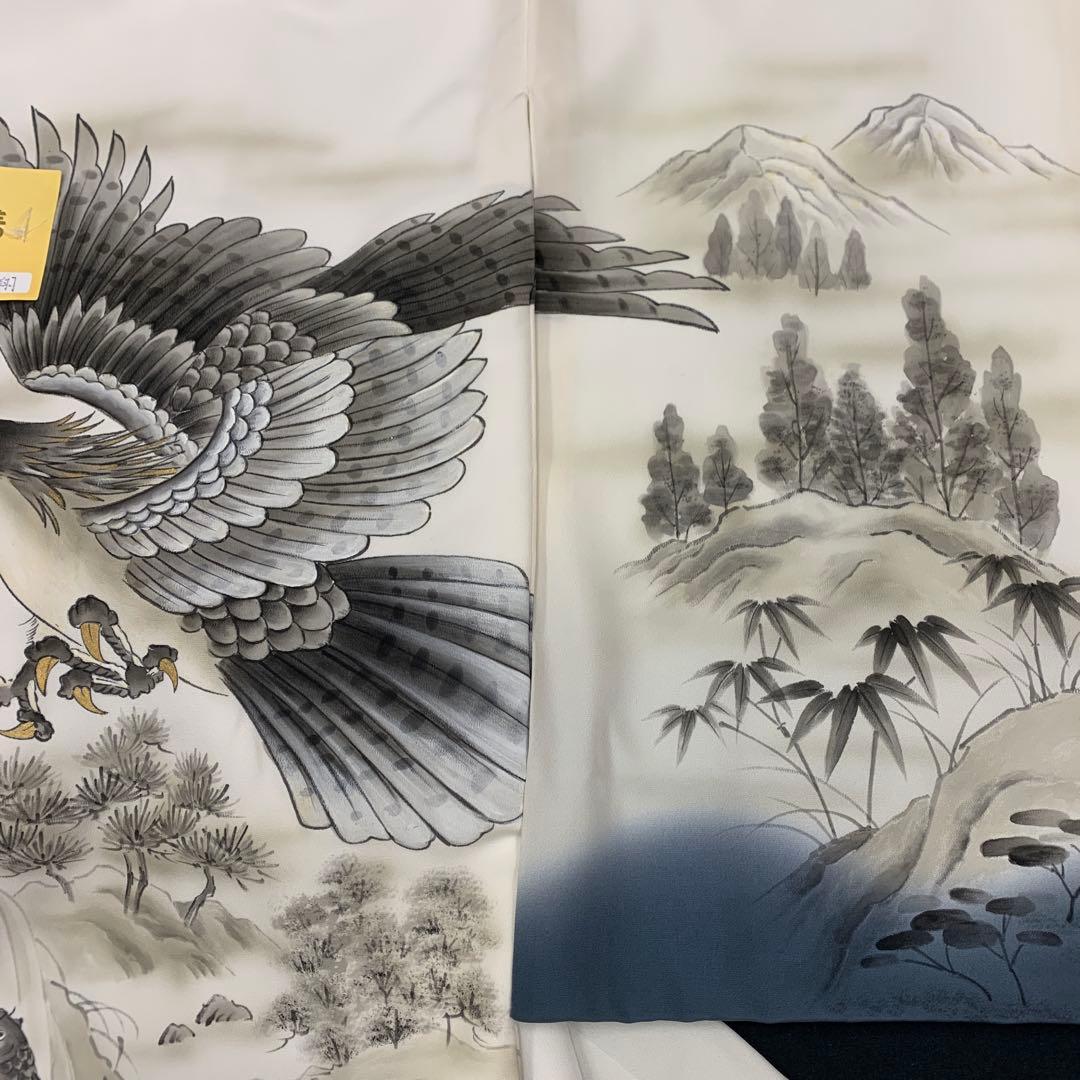 最高級新品正絹産着（祝着）京友禅裾ボカシ染手描き美術、特撰大鷹祝い鯉の滝登り文