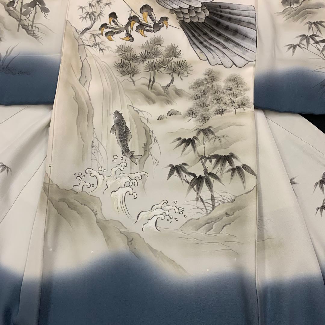 最高級新品正絹産着（祝着）京友禅裾ボカシ染手描き美術、特撰大鷹祝い鯉の滝登り文