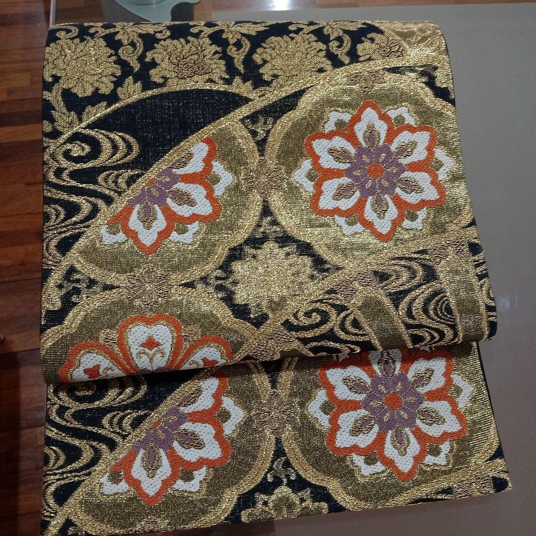 試着程度の極美品❣️西陣織物　華文様六通袋帯　正絹　金糸　ゴージャス♡黒地♡素敵
