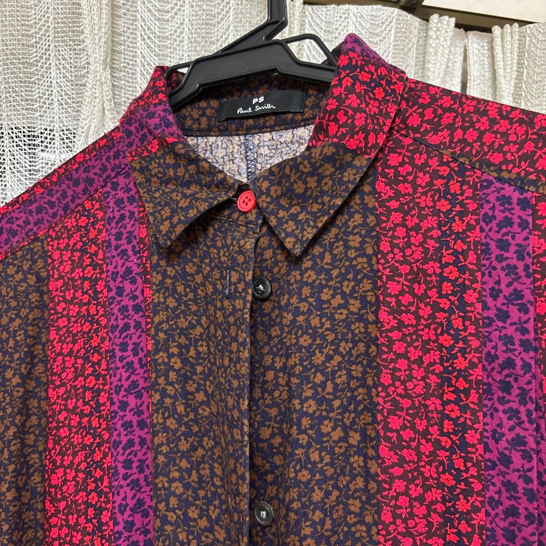 シャツワンピース 長袖 ブラウン レッド パープル