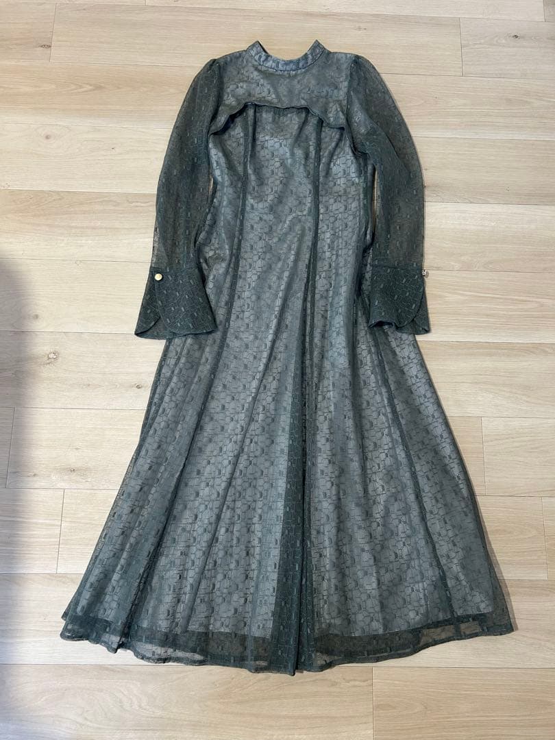 幾何学柄 レース バックオープン ワンピース パーティー ドレス　Lサイズ