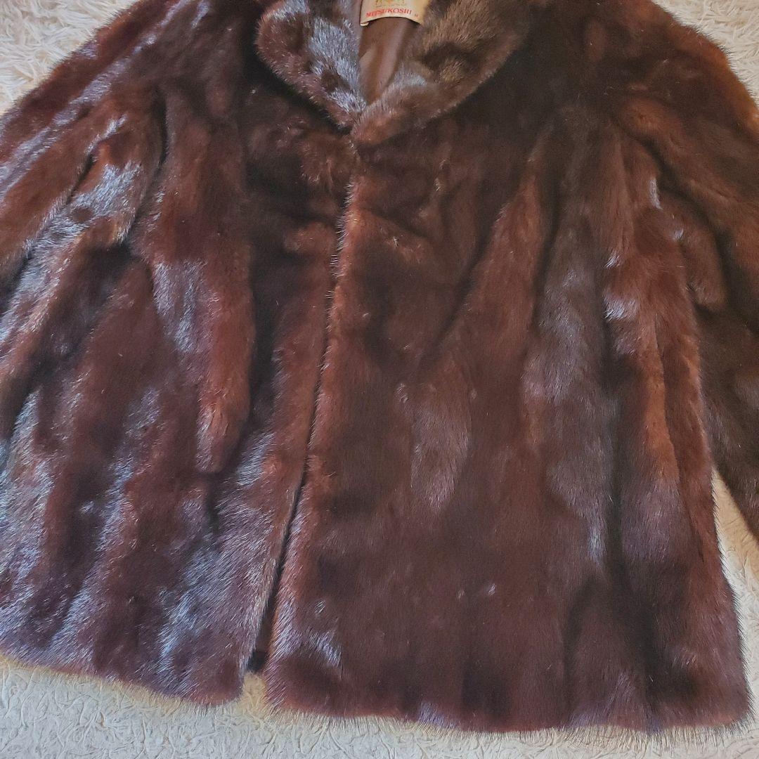 美品 MITSUKOSHI デミパフミンク毛皮 ファーコート 15号 ミドル