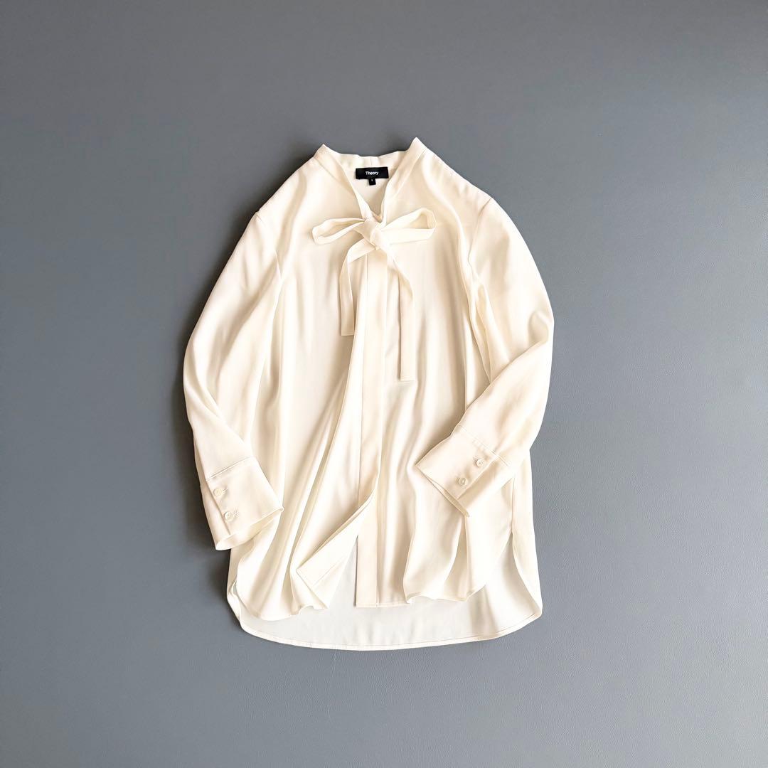 24年【セオリー】TIE BLOUSE ボウタイブラウス 白 長袖 日本製 S