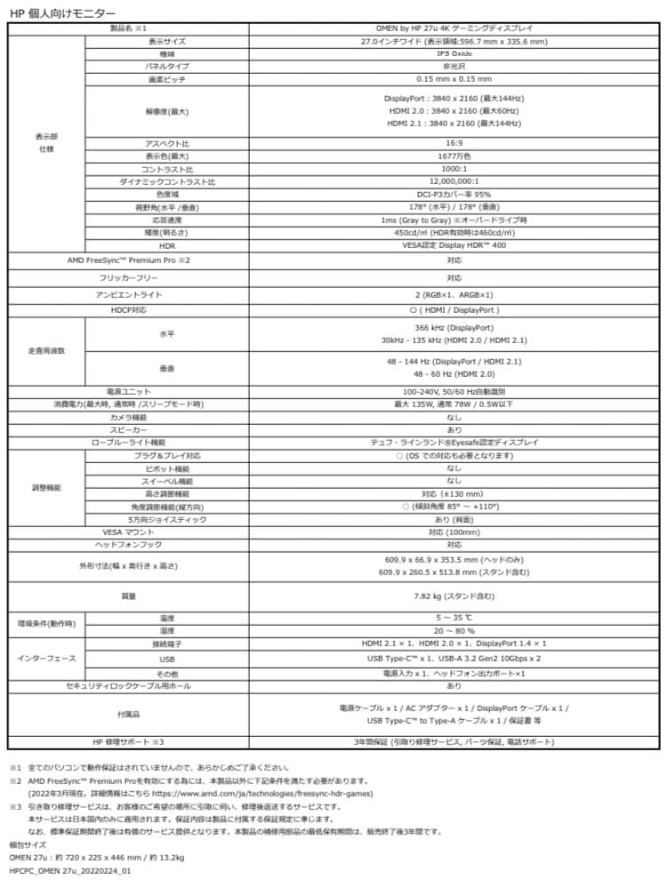 ディスプレイ・モニター本体 HP OMEN 27u 4K Gaming Display