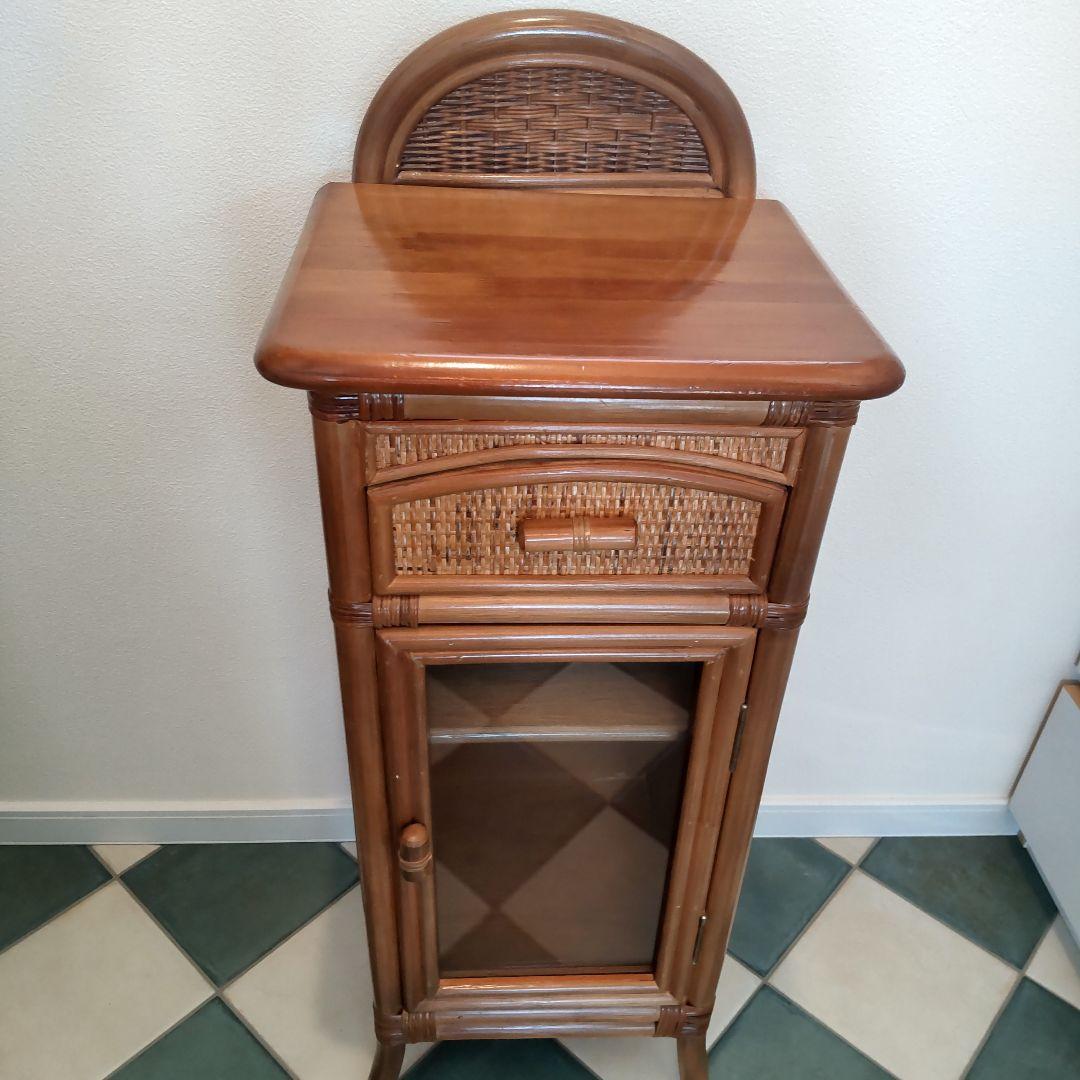【ラタン電話台】ガラス扉 籐 チェスト 昭和レトロ　ヴィンテージ