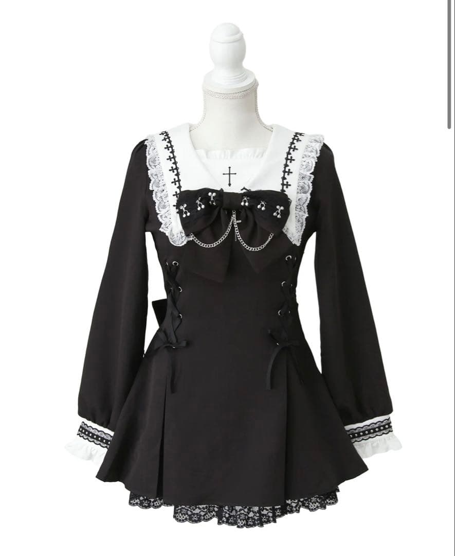 十字架クロススタッズチェーンレースアップフリルセーラーワンピース