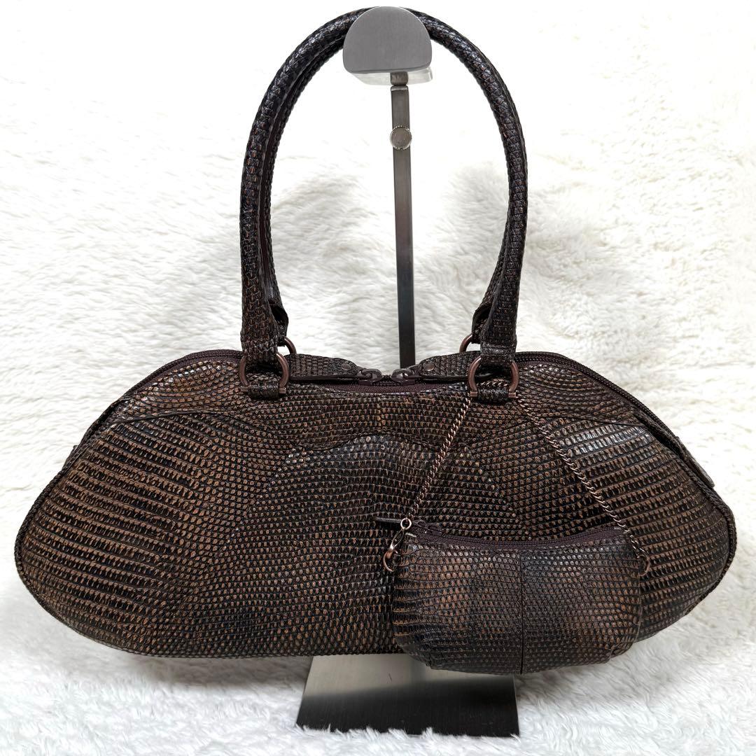【美品】JRAタグ付 リザード 本革 ハンドバッグ ブラウン 茶 ヴィンテージ
