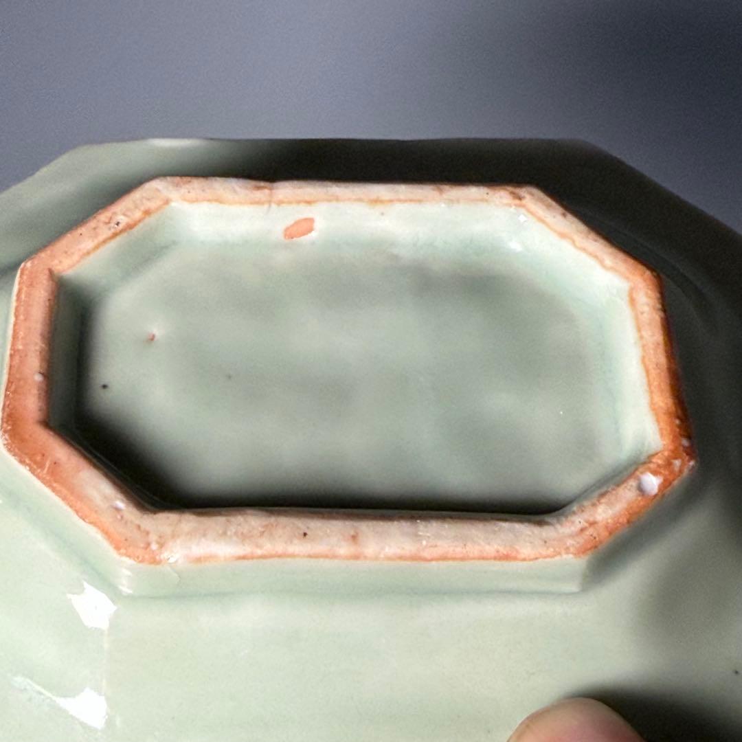 三田青磁　陽刻草花文八角皿　五点　江戸後期　古美術　骨董　希少