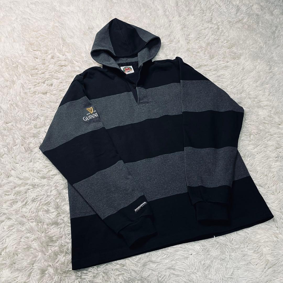 BARBARIAN ボーダー フーデット ラガーシャツ ブラック/グレーXL