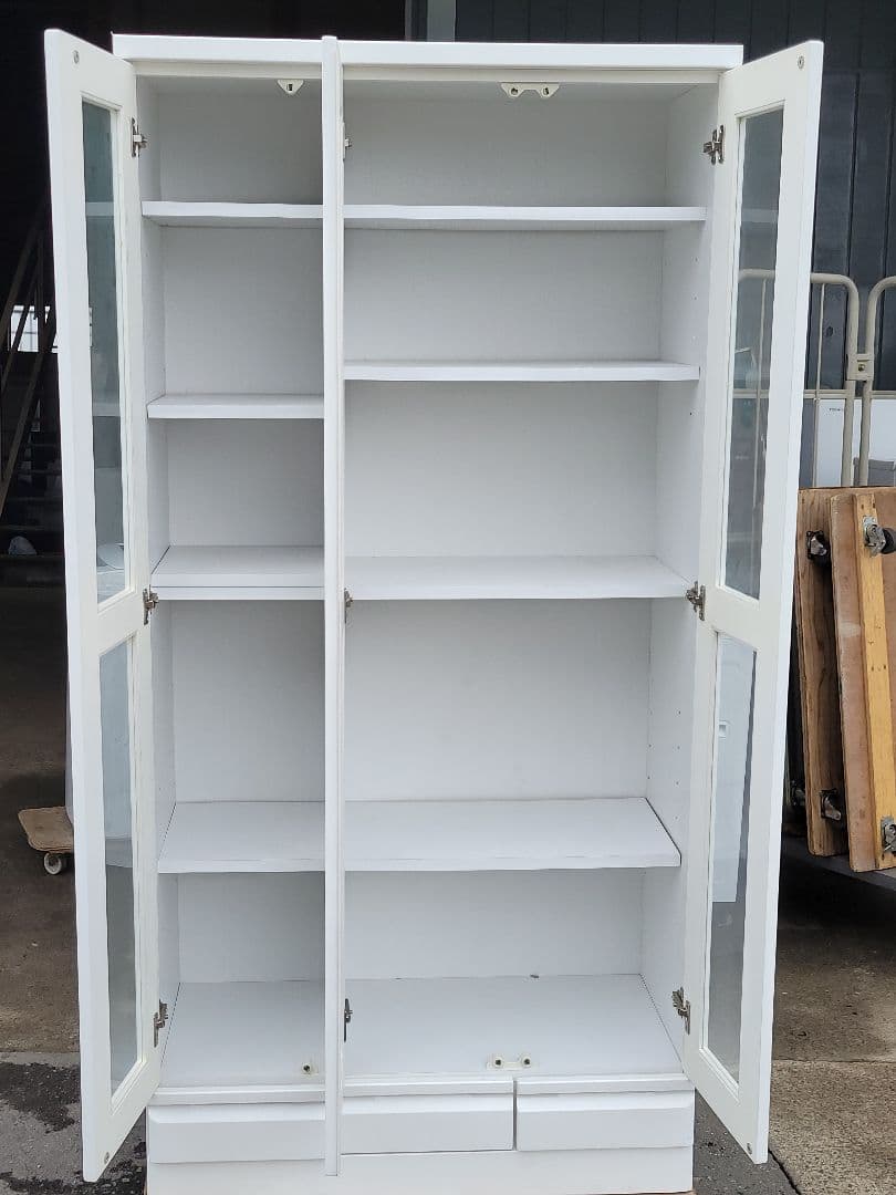 日本製 ガラス扉付き 大型食器棚 キャビネット ホワイト