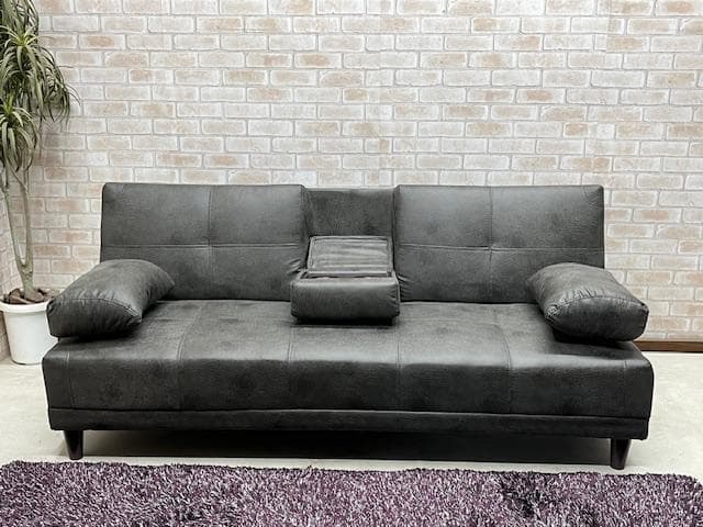 ソファーベッド　グレー　小テーブル付き　レザーファブリック　ソファ　新品