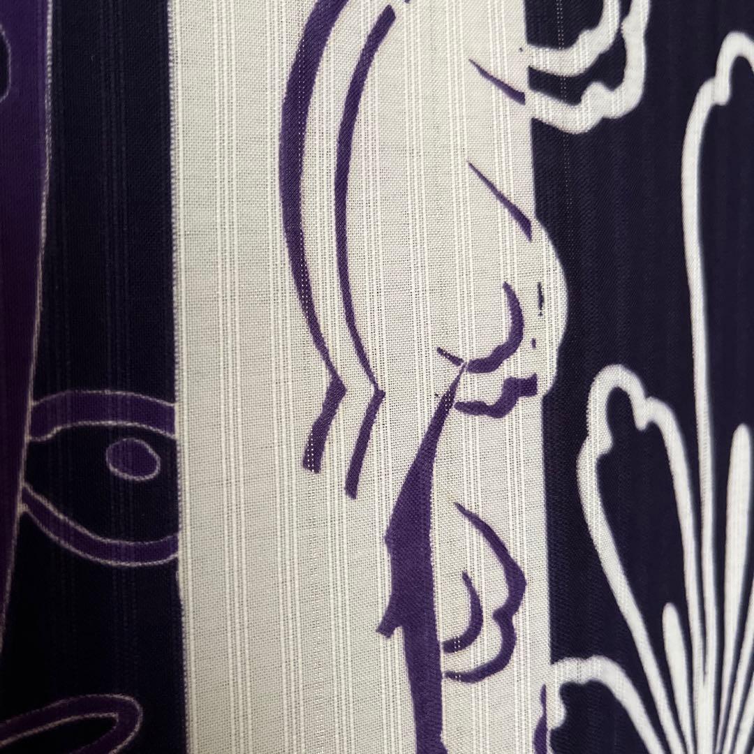 レディース　仕立て上がり　浴衣　白×紫　縦縞　地模様　蝶柄　スッキリ　ストライプ