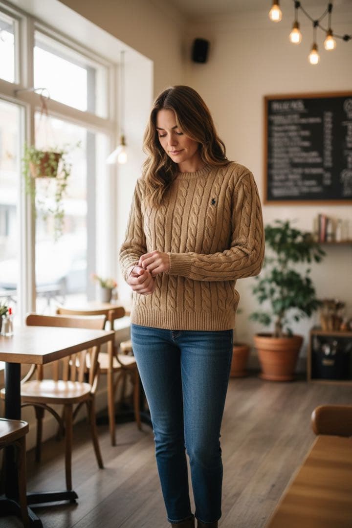 美品ポロラルフローレン ケーブルニット キャメル S