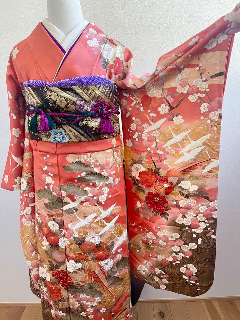 な*お様 振袖　振袖フルセット　着物　鶴模様　竹松　金彩　朱色　金糸