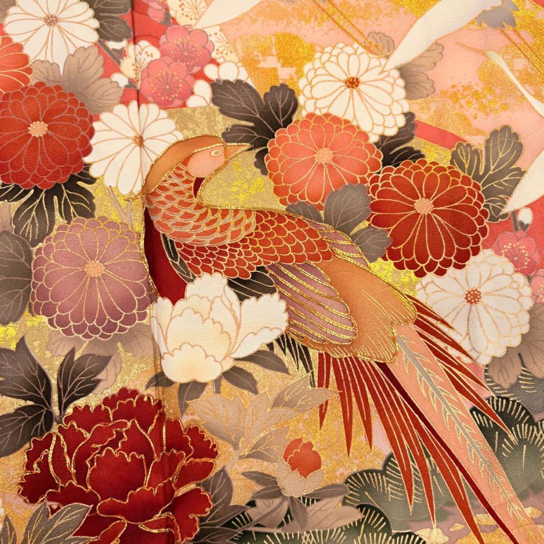 な*お様 振袖　振袖フルセット　着物　鶴模様　竹松　金彩　朱色　金糸