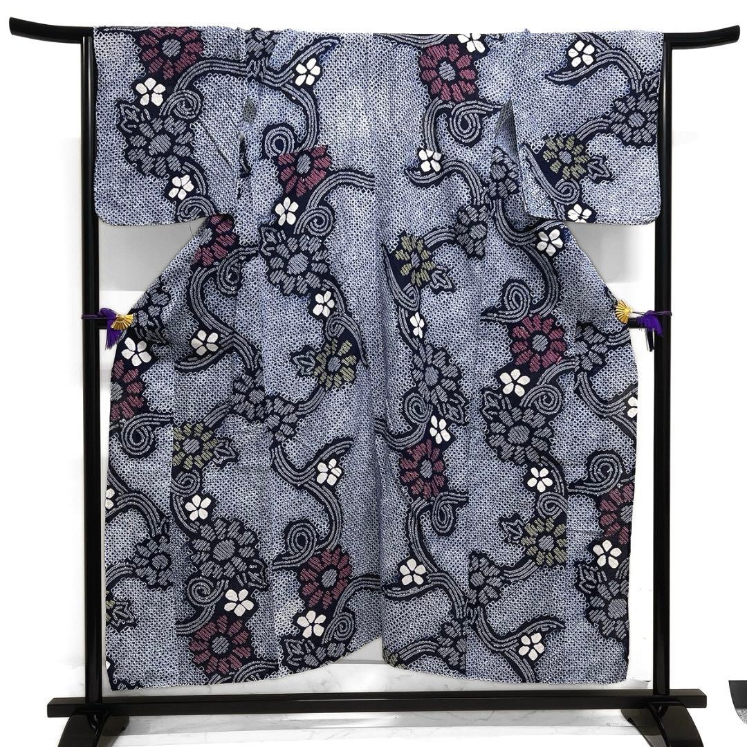 浴衣　有松鳴海絞り　花模様　小花　波　渦巻き　着物　033a d