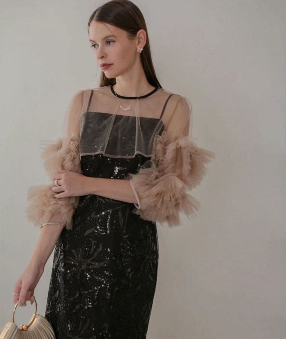 leja フラワースパンコールチュールフリルスリーブIラインワンピースドレス 黒