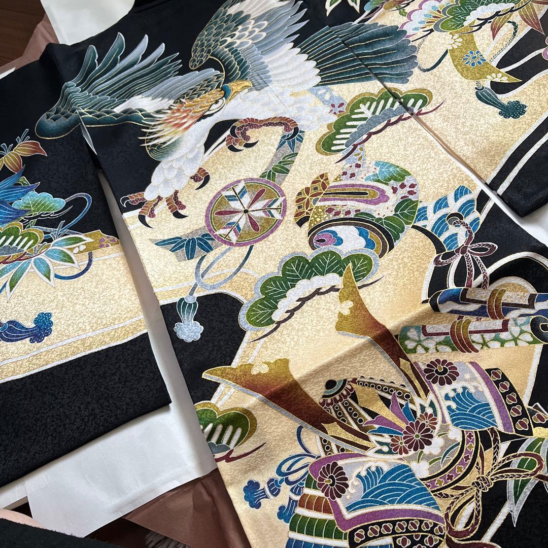 男の子　お宮参り用黒地金色鷲刺繍着物　長襦袢　　クリーニング済み　一回着用