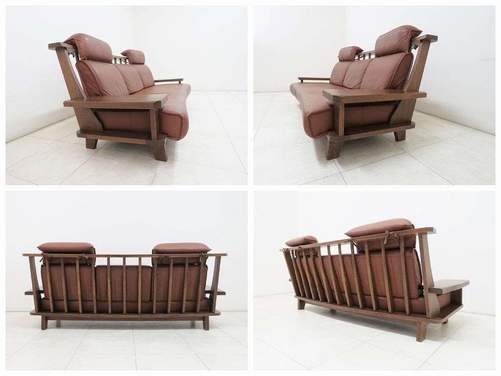 ■葉山ガーデン■WAZA 3人掛けソファ■本革■天然木■ウッドアーム■和モダン