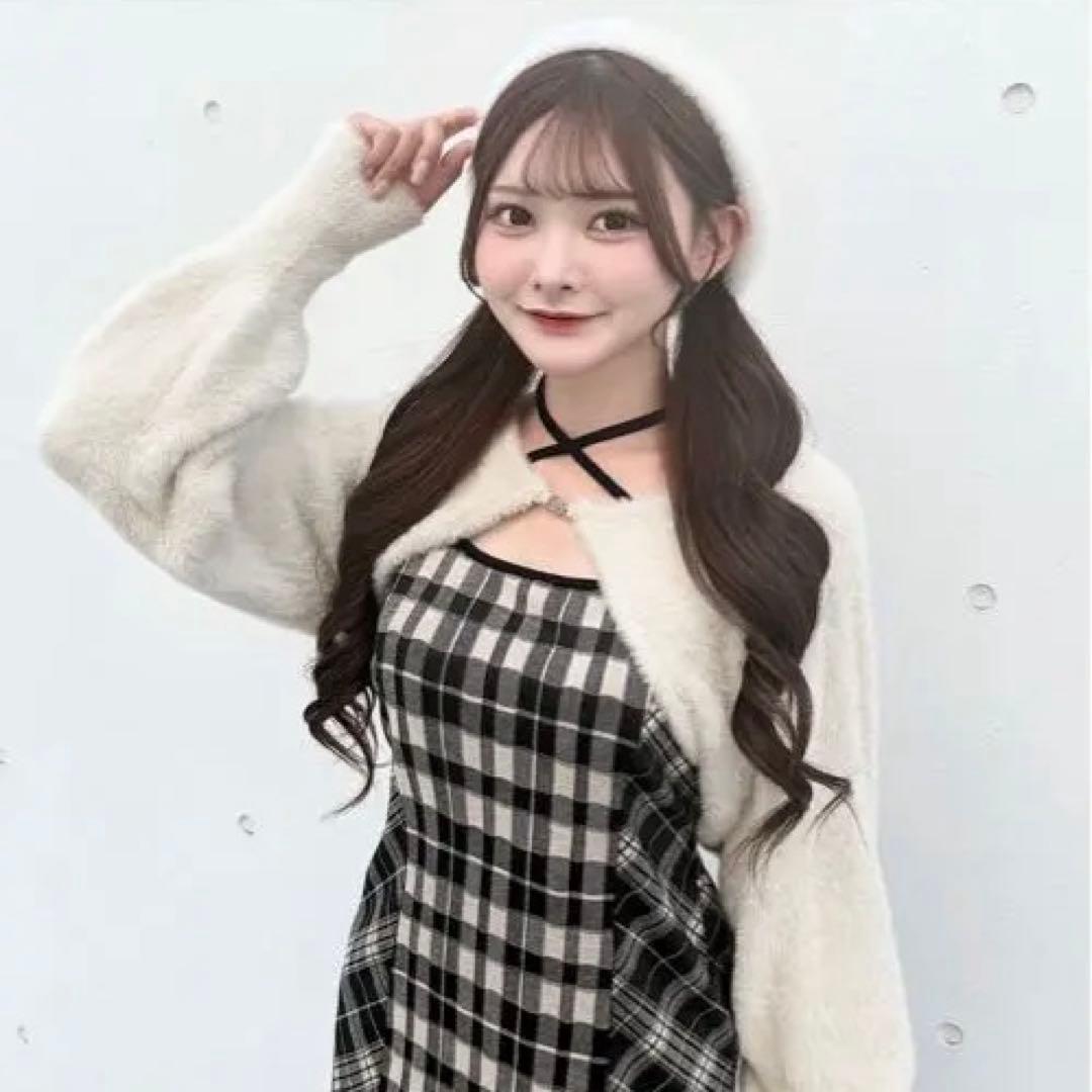 NOMAE シャギーボレロロングチェックワンピース