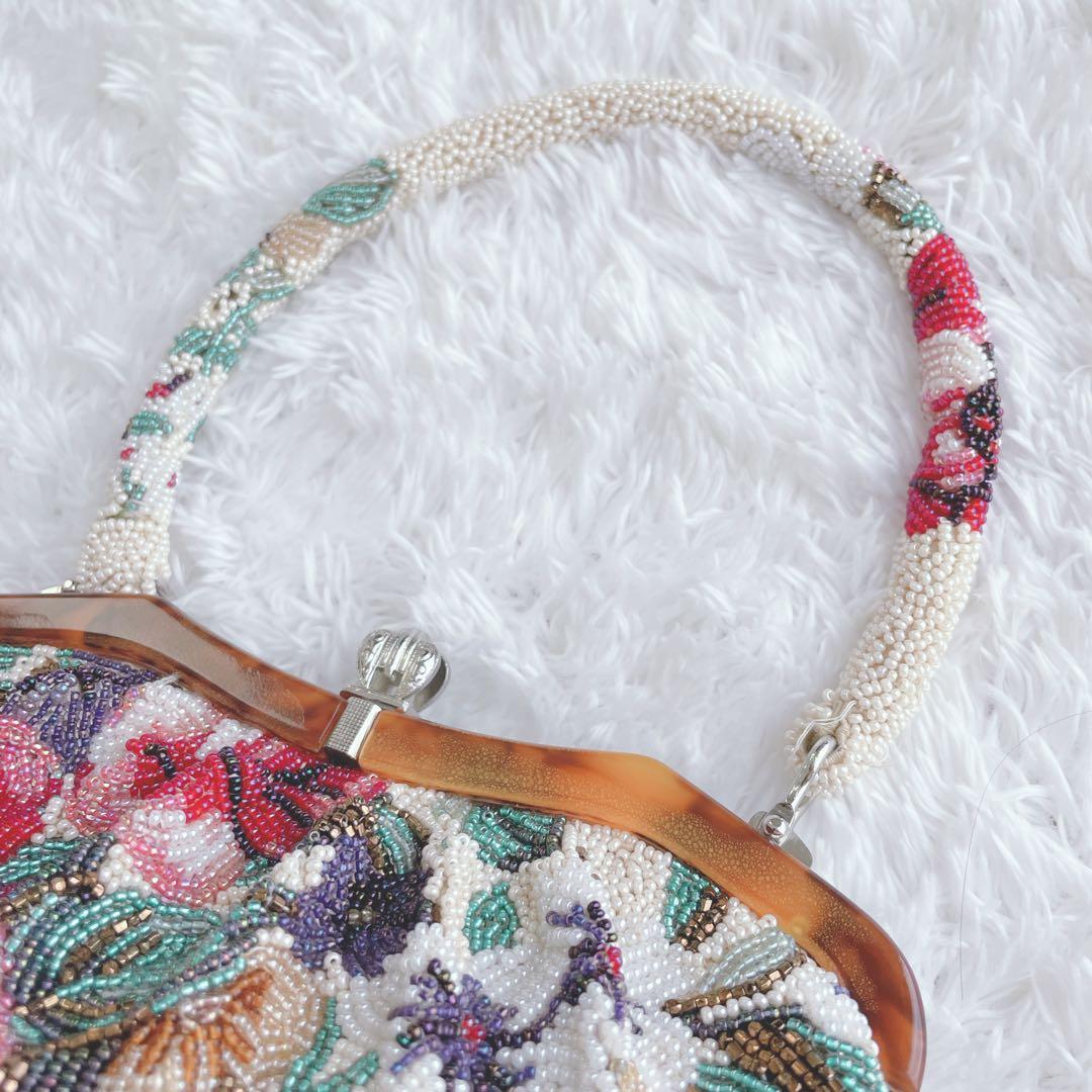 【人気】 ビーズバッグ　手刺繍　総柄　花柄　総ビーズバッグ　和装　がま口　バラ