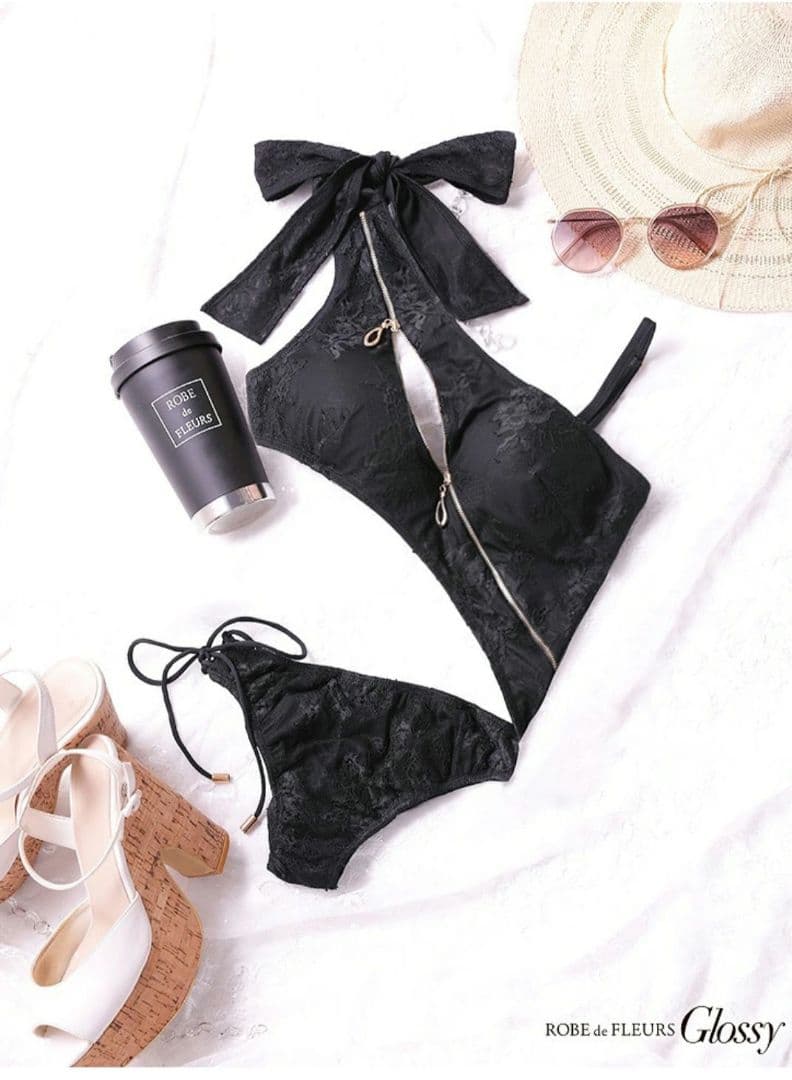 ROBEdeFLEURSGlossy 総レース×バストジップデザインスイムウエア
