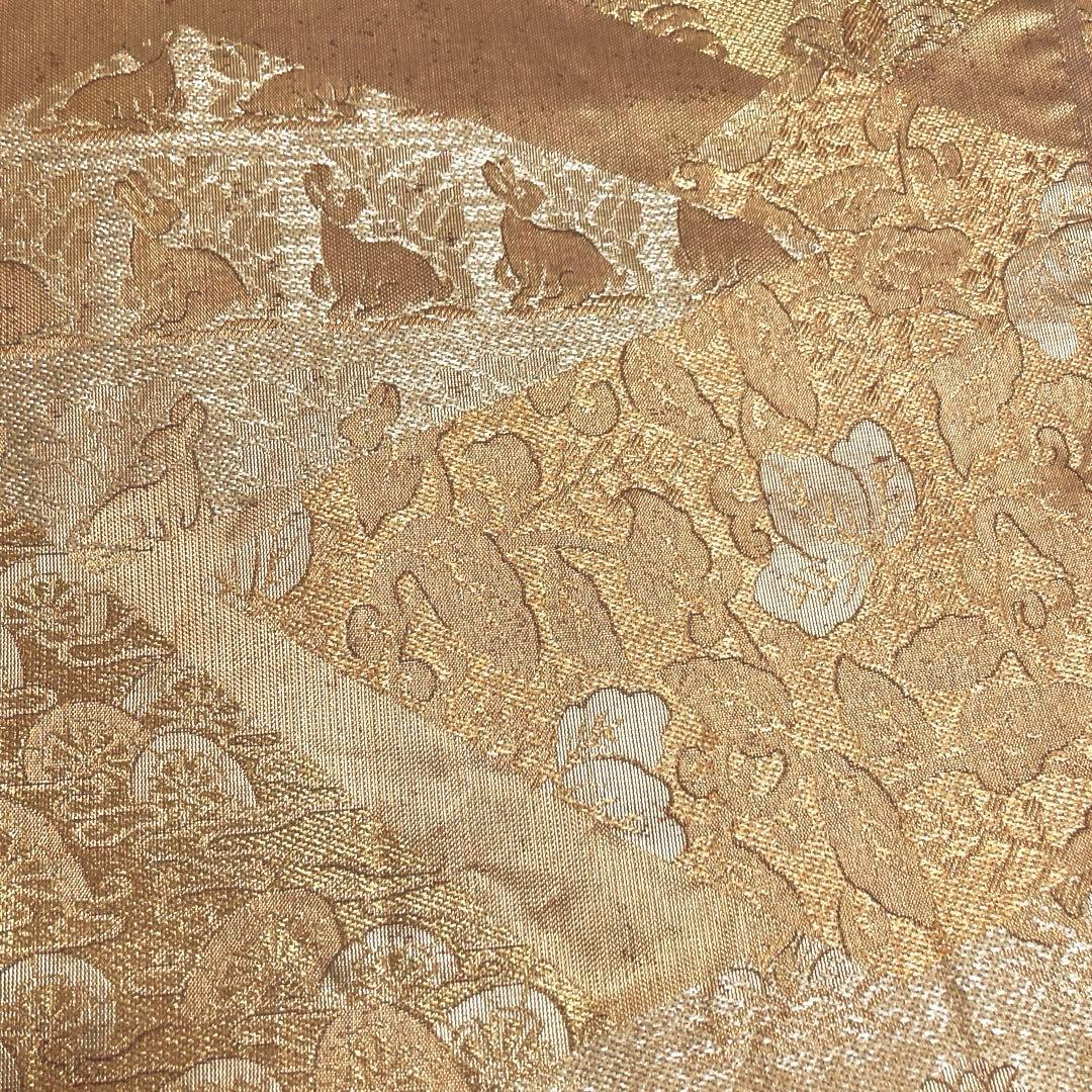 マリリン　袋帯【洛風林】工芸帯地 正絹 色紙花兎文 全通柄 金糸 金色