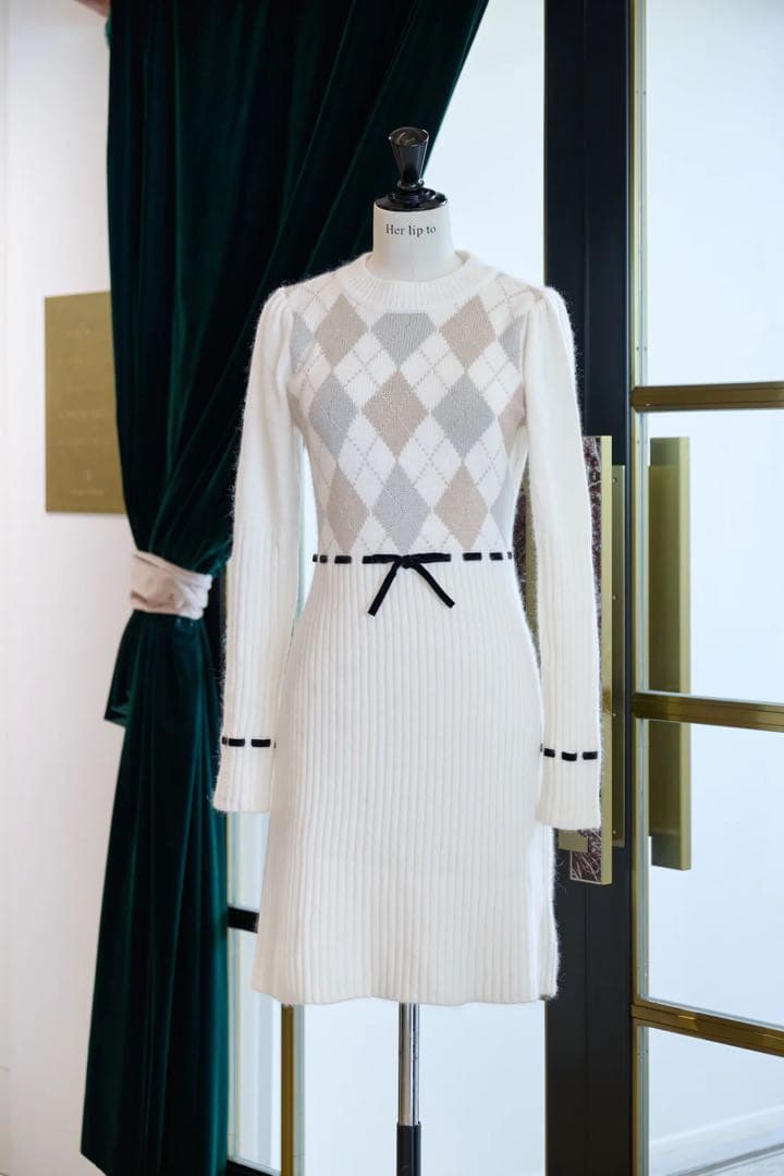ワンピース herlipto Moor Argyle Ribbon Knit Dress