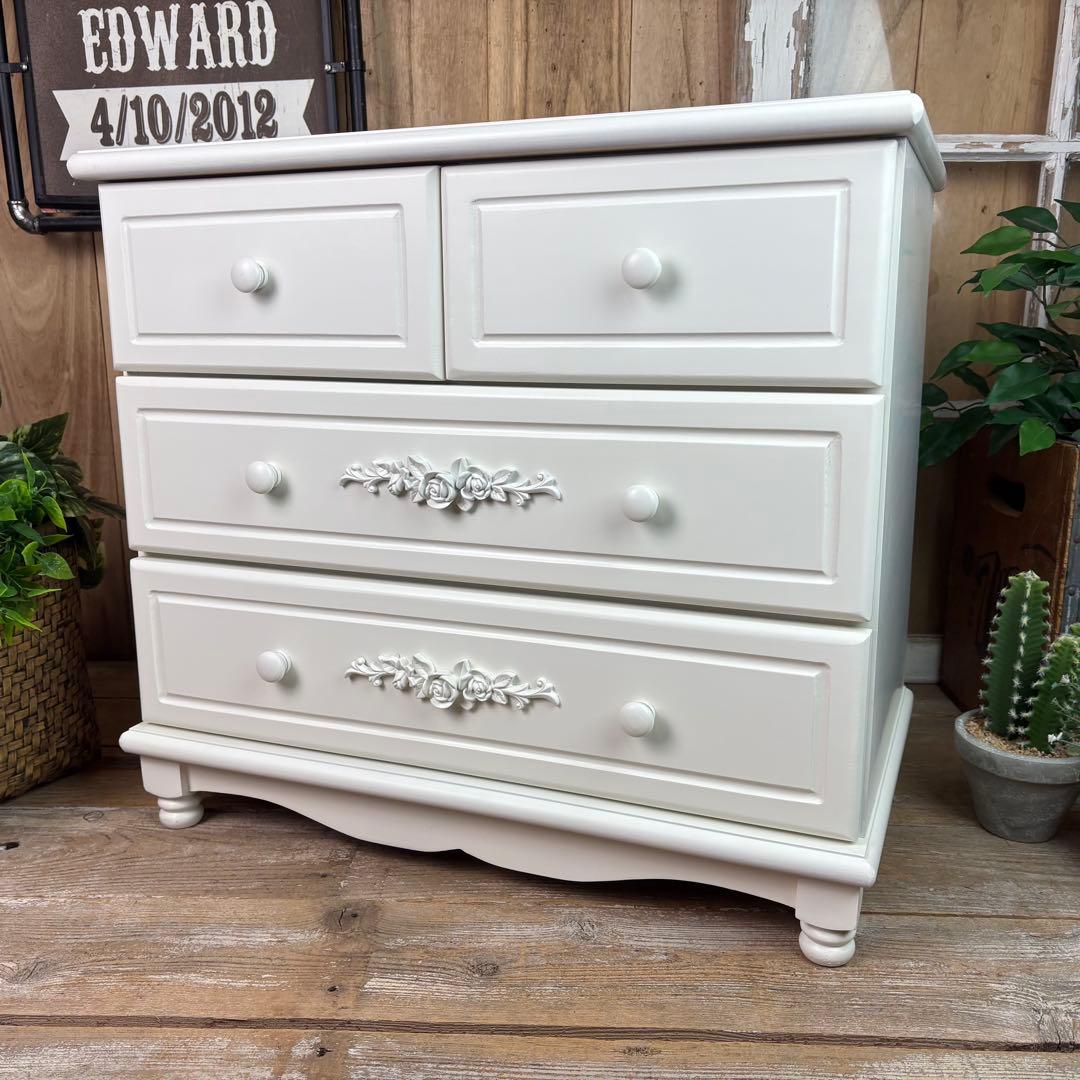 訳あり品！【93】フレンチ調ホワイトチェスト三段四つ引き木製収納家具姫系タンス