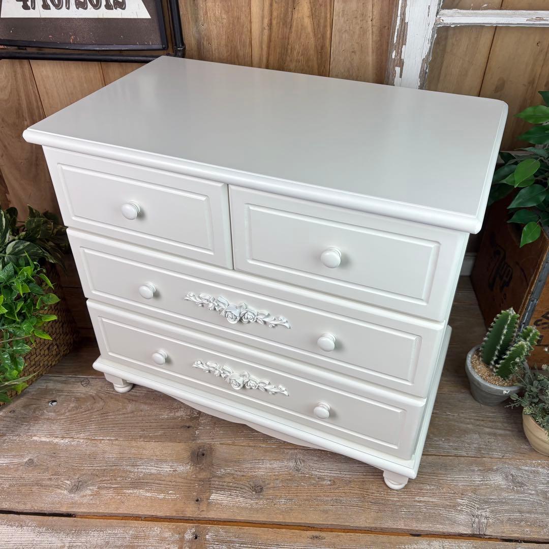 訳あり品！【93】フレンチ調ホワイトチェスト三段四つ引き木製収納家具姫系タンス