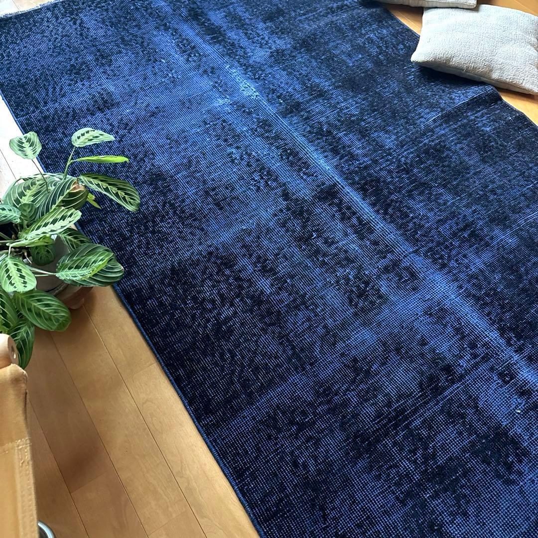 112.5×209藍色オーバーダイ　ワンカラーラグ　トルコヴィンテージラグ
