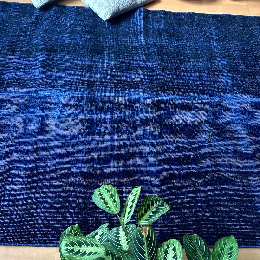 112.5×209藍色オーバーダイ　ワンカラーラグ　トルコヴィンテージラグ