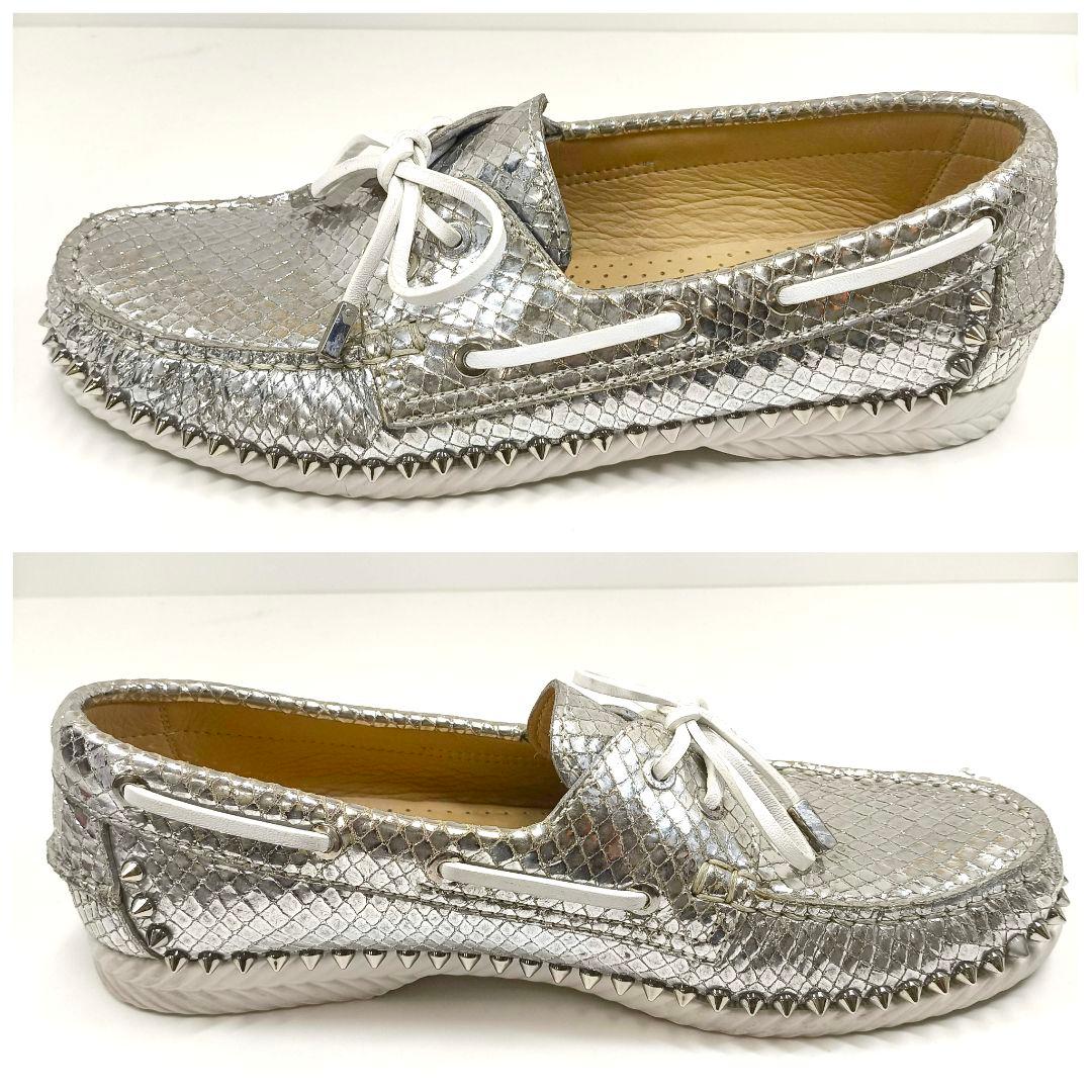 美品 42 クリスチャンルブタン スタッズ デッキシューズ シルバー