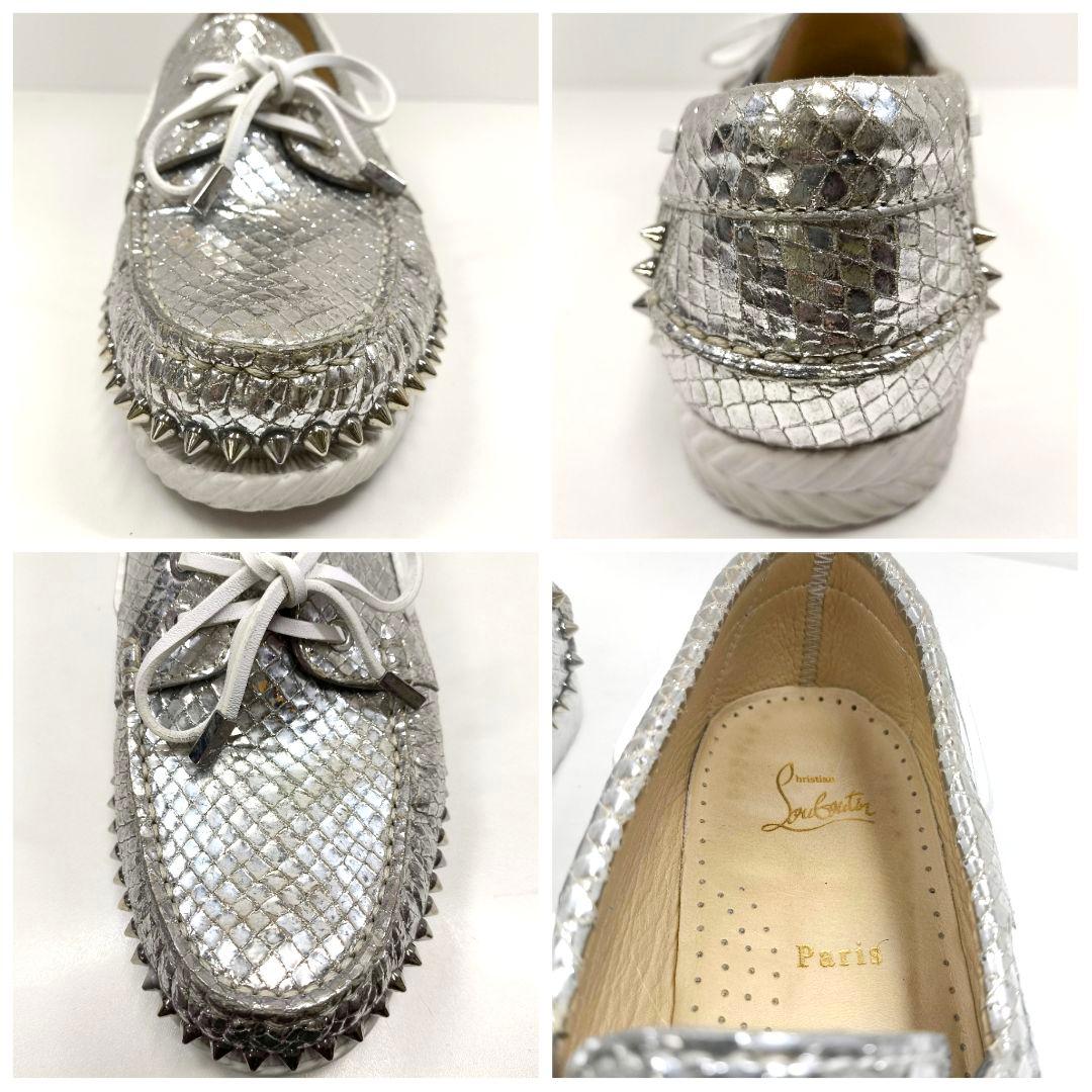 美品 42 クリスチャンルブタン スタッズ デッキシューズ シルバー