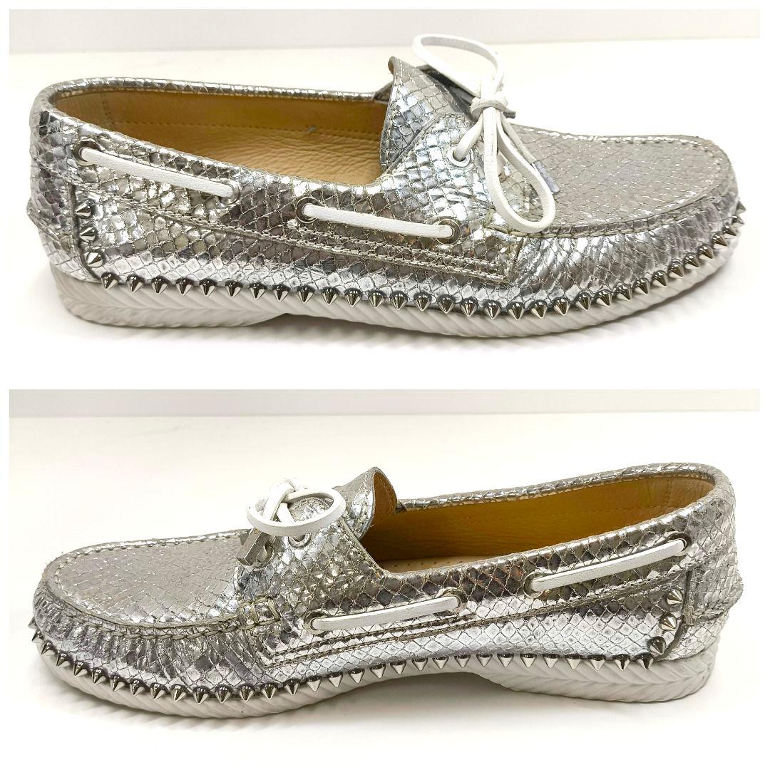 美品 42 クリスチャンルブタン スタッズ デッキシューズ シルバー