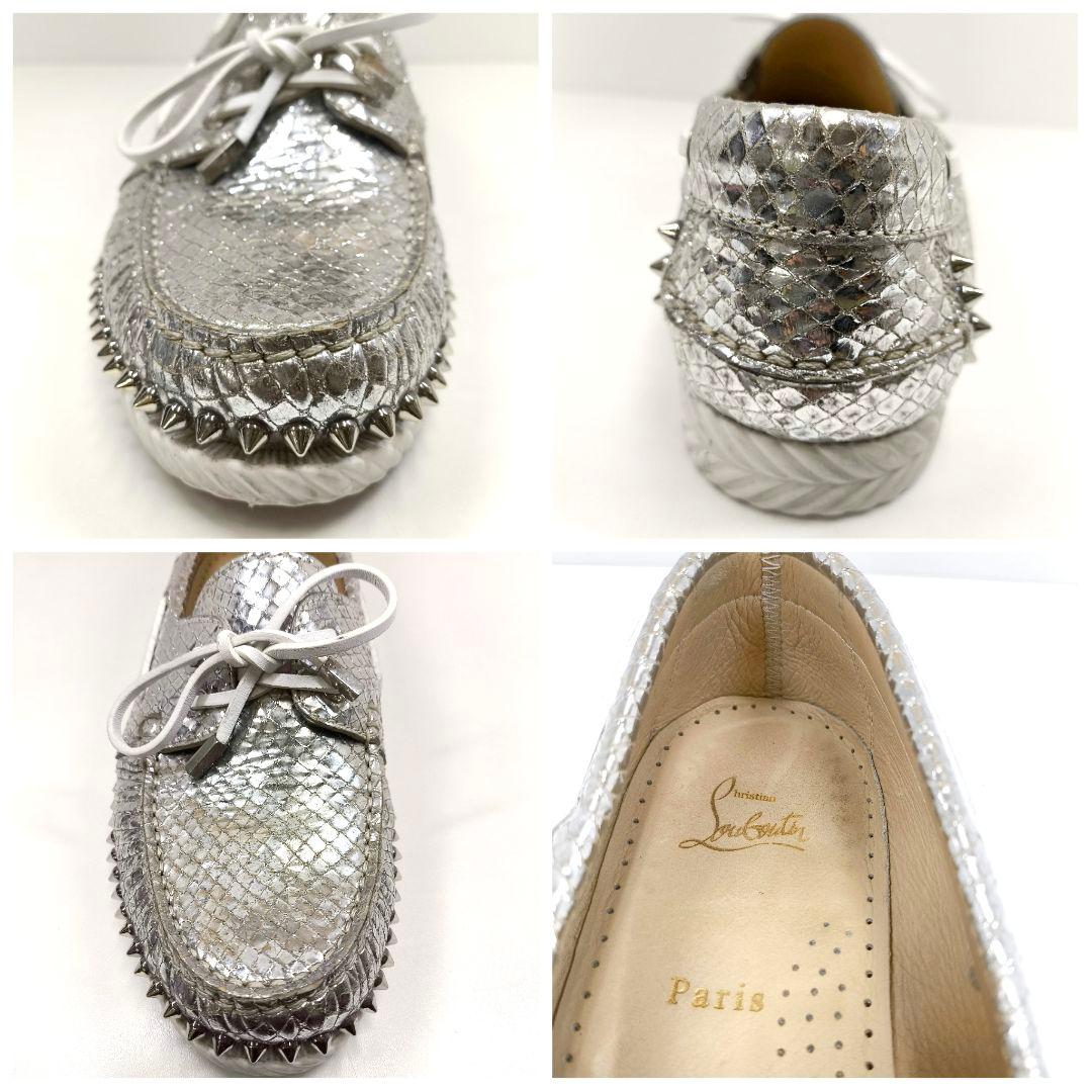美品 42 クリスチャンルブタン スタッズ デッキシューズ シルバー
