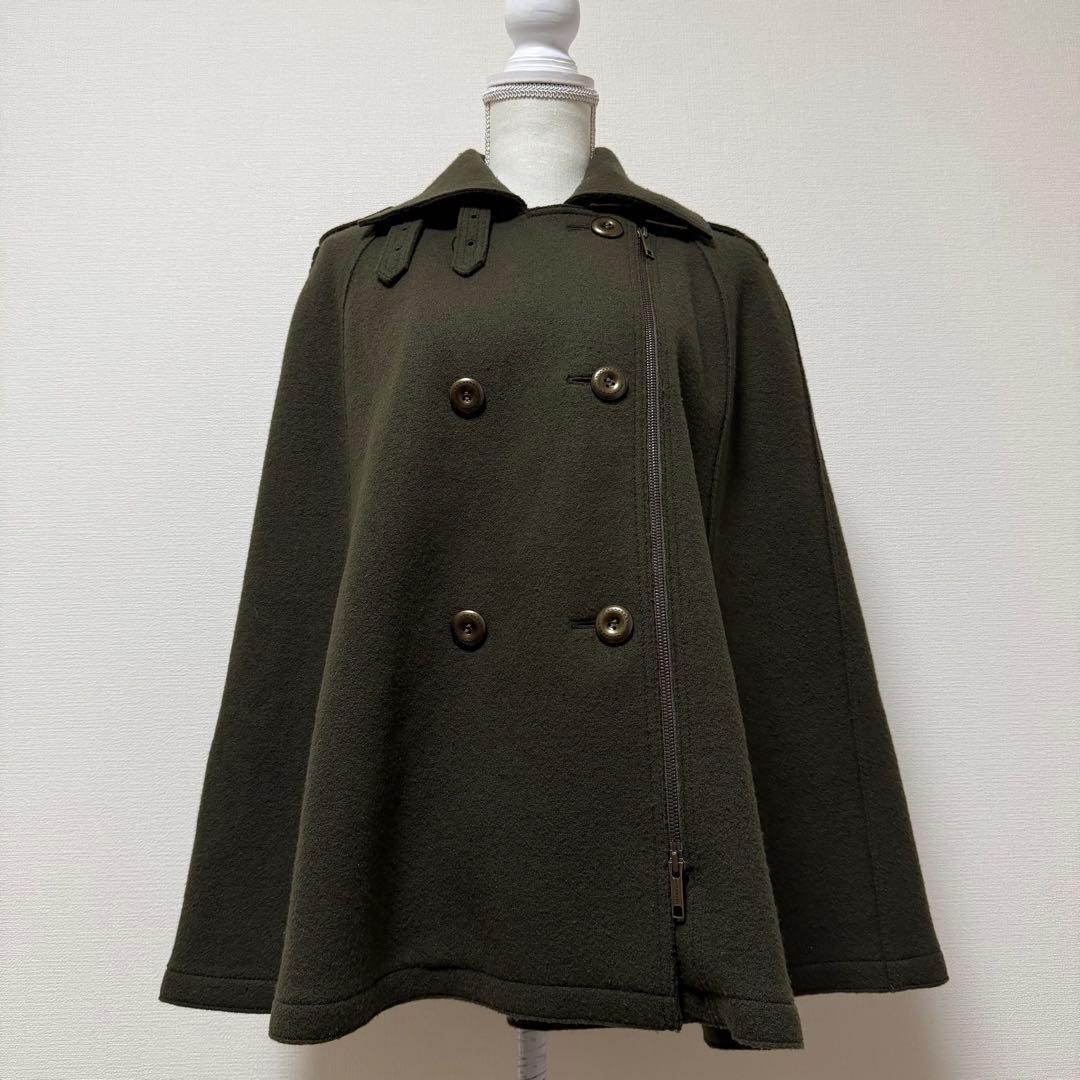 バーバリーロンドン　ポンチョ　ケープコート　ウール　ノバチェック　レザー　カーキ