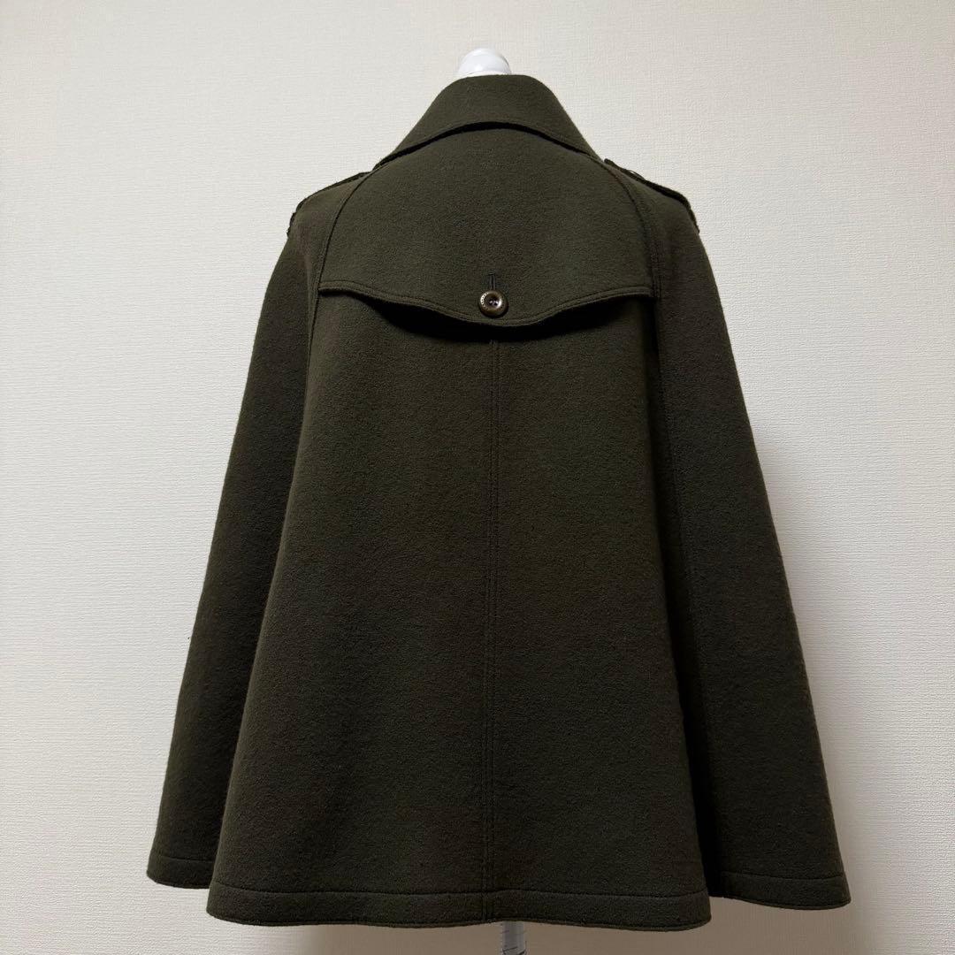 バーバリーロンドン　ポンチョ　ケープコート　ウール　ノバチェック　レザー　カーキ