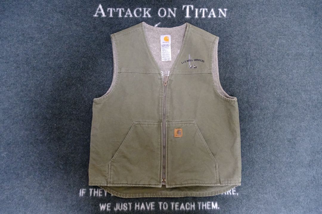 V26 LOV 刺繍 ダックベスト 裏ボア オリーブ カーハート ベスト