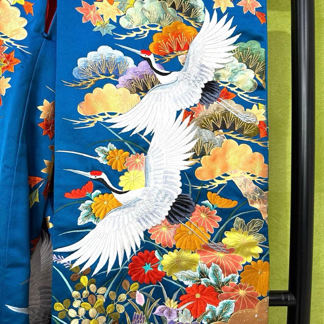 青色 鶴と花の刺繍 色打掛