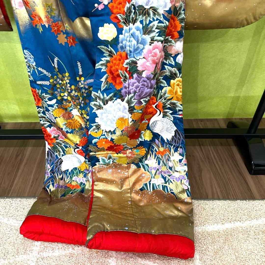 青色 鶴と花の刺繍 色打掛