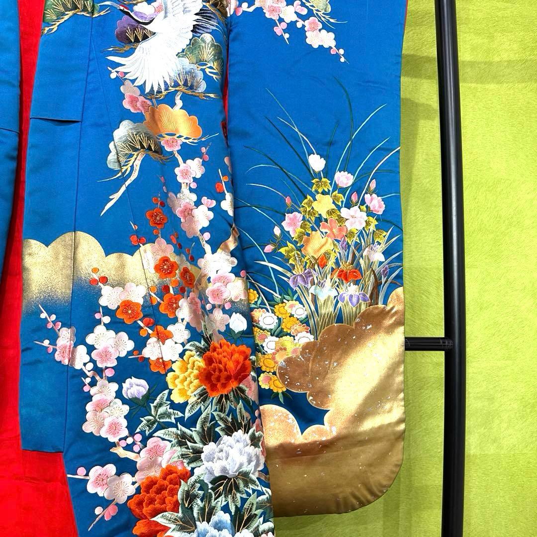 青色 鶴と花の刺繍 色打掛