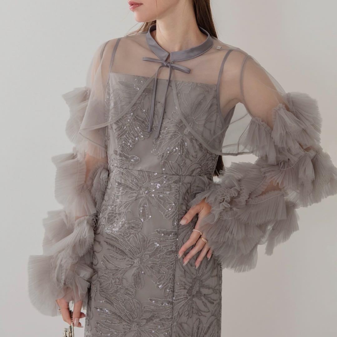 leja フリルチュールスリーブリボンIラインワンピースドレス