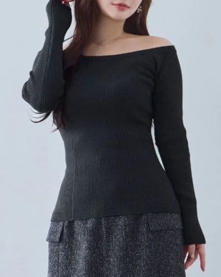 値下げ！オーバーイー　over E オフショルパネルニット：チャコールU65