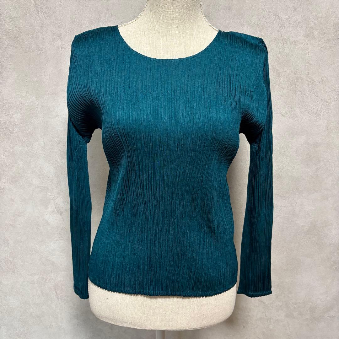 極美品★プリーツプリーズ　PLEATS PLEASE グリーン　丸首長袖トップス
